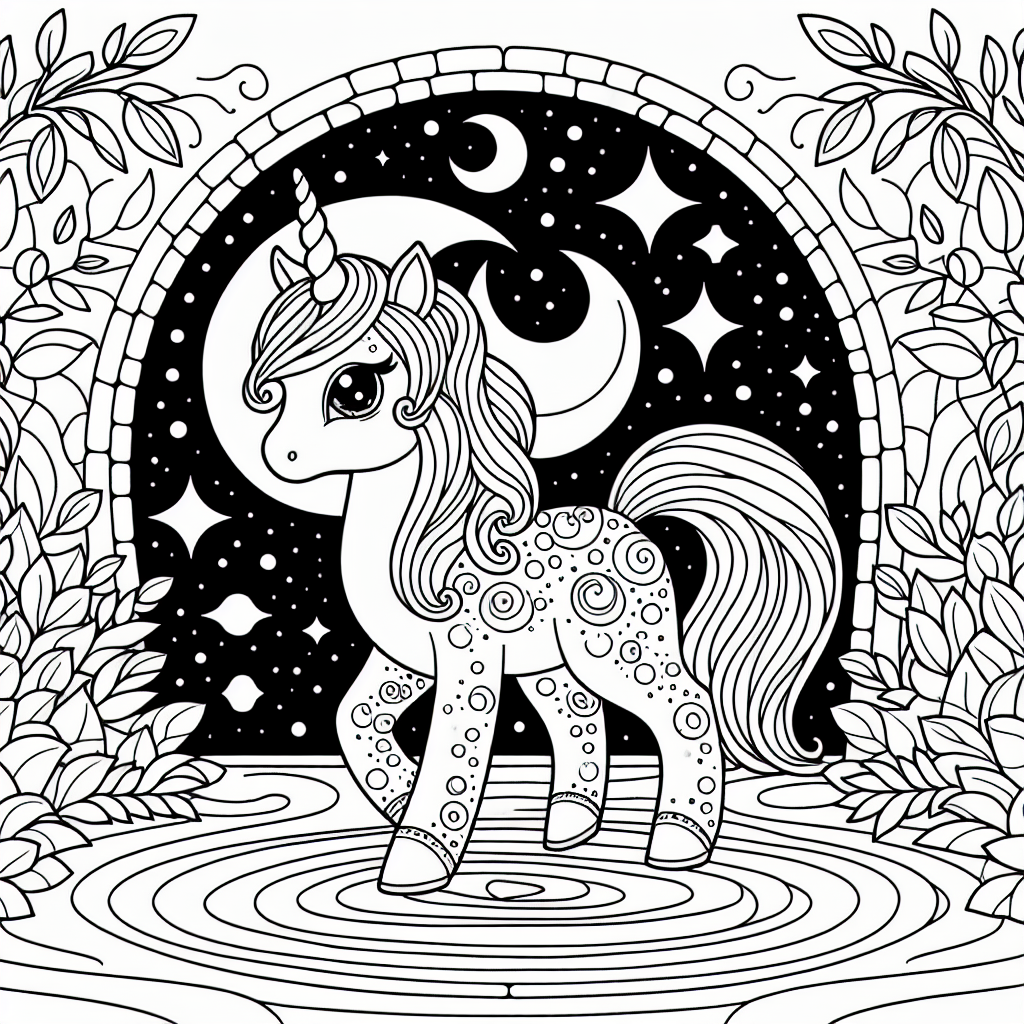 Coloring page of a unicorn, magical being standing in a magical portal