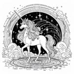 Coloring page of a unicorn, magical being standing in a magical portal