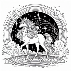 Coloring page of a unicorn, magical being standing in a magical portal