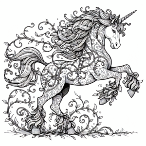 Coloring page of a unicorn, majestic creature galloping
