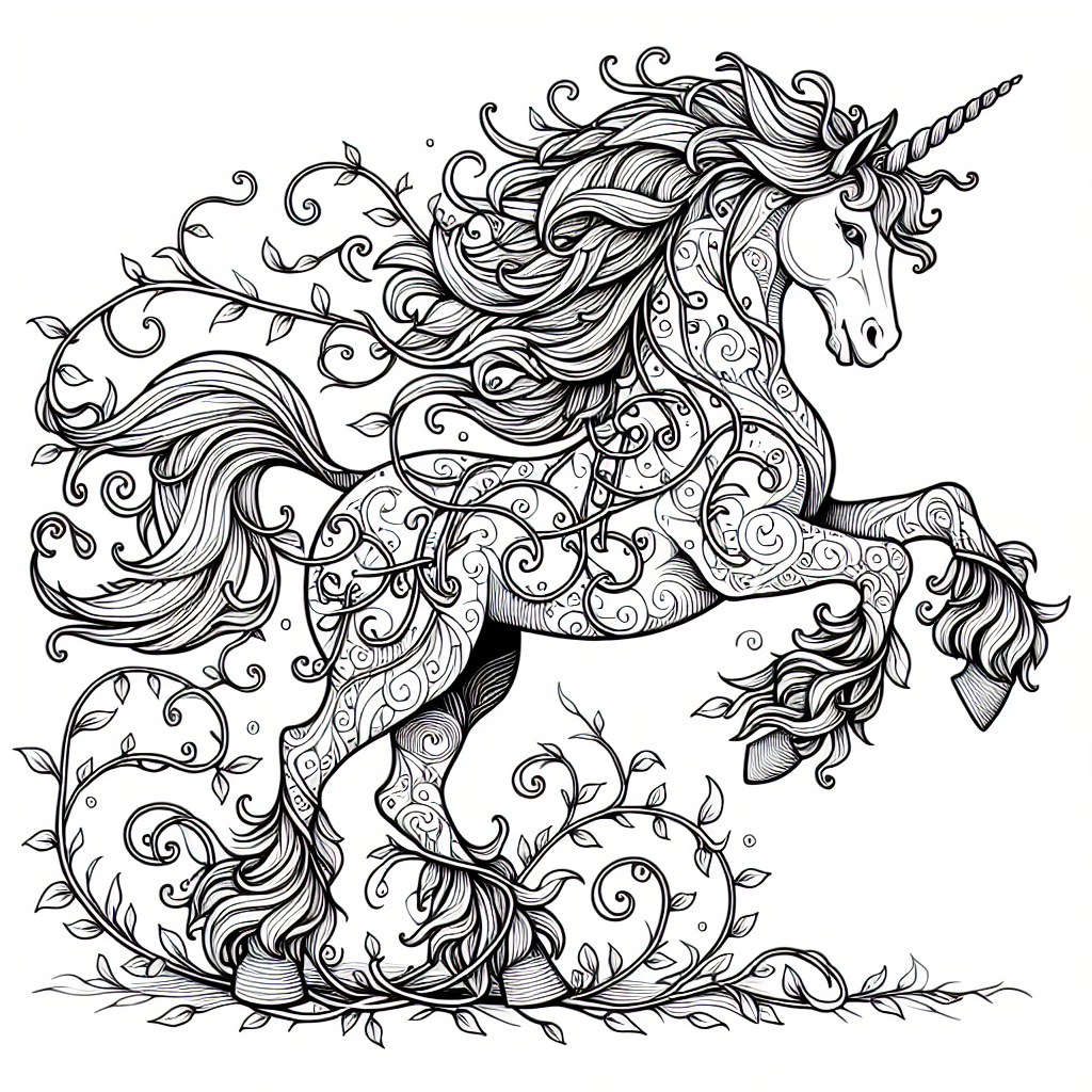 Coloring page of a unicorn, majestic creature galloping
