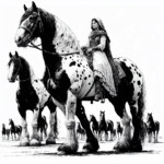 Coloring page of a war horse, draft horse a woman riding in an elegant dress