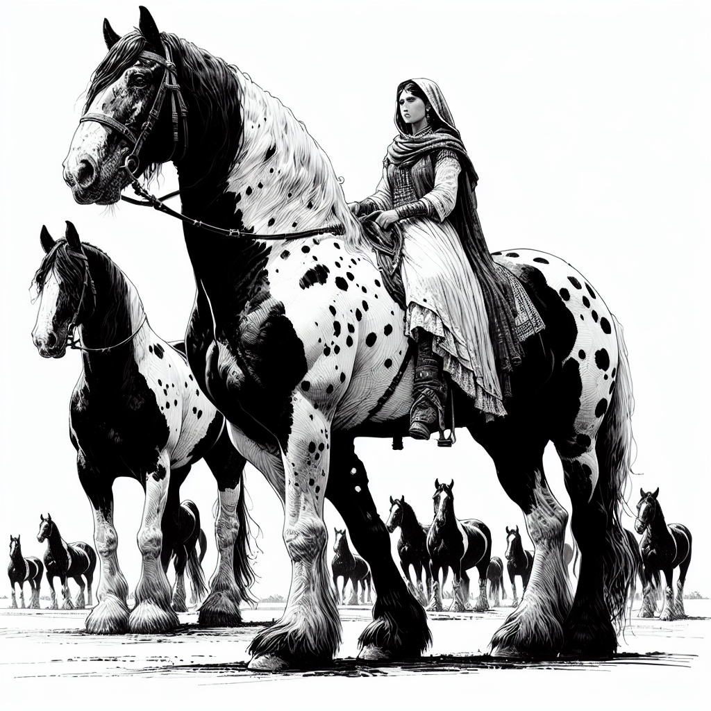Coloring page of a war horse, draft horse a woman riding in an elegant dress