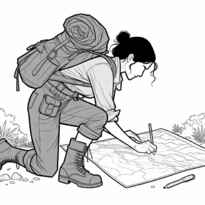 Coloring page of a woman explorer, heroic traveler drawing a map