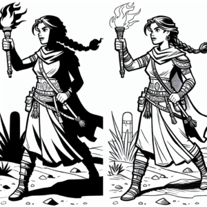 Coloring page of a woman treasure seeker, desert nomad holding a torch in the dark