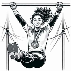 Coloring page of a young athlete, acrobat swinging on uneven bars