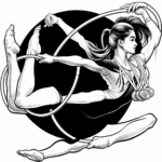 Coloring page of a young athlete, artistic gymnast posing with a hoop