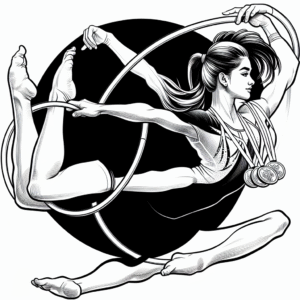 Coloring page of a young athlete, artistic gymnast posing with a hoop