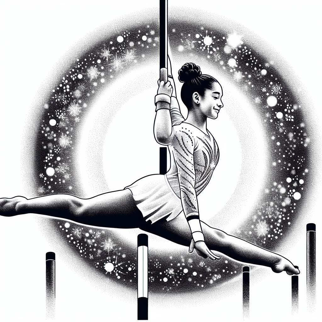 Coloring page of a young athlete, artistic gymnast swinging on uneven bars