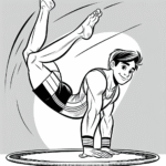 Coloring page of a young athlete, trampoline gymnast performing a handstand