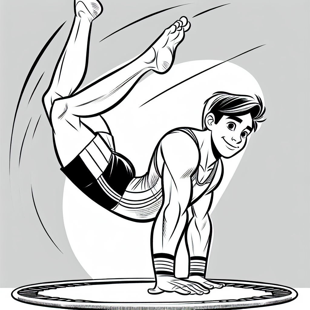 Coloring page of a young athlete, trampoline gymnast performing a handstand