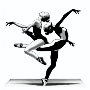 Coloring page of a young ballerina, hip-hop dancer jumping mid-air