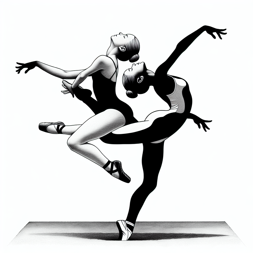 Coloring page of a young ballerina, hip-hop dancer jumping mid-air