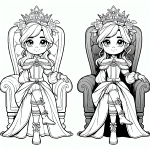 Coloring page of a young queen, brave heroine sitting on a throne