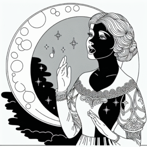 Coloring page of a young queen, charming leader singing in the moonlight