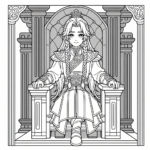 Coloring page of a young queen, kind ruler sitting on a throne