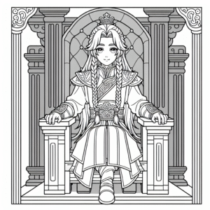 Coloring page of a young queen, kind ruler sitting on a throne