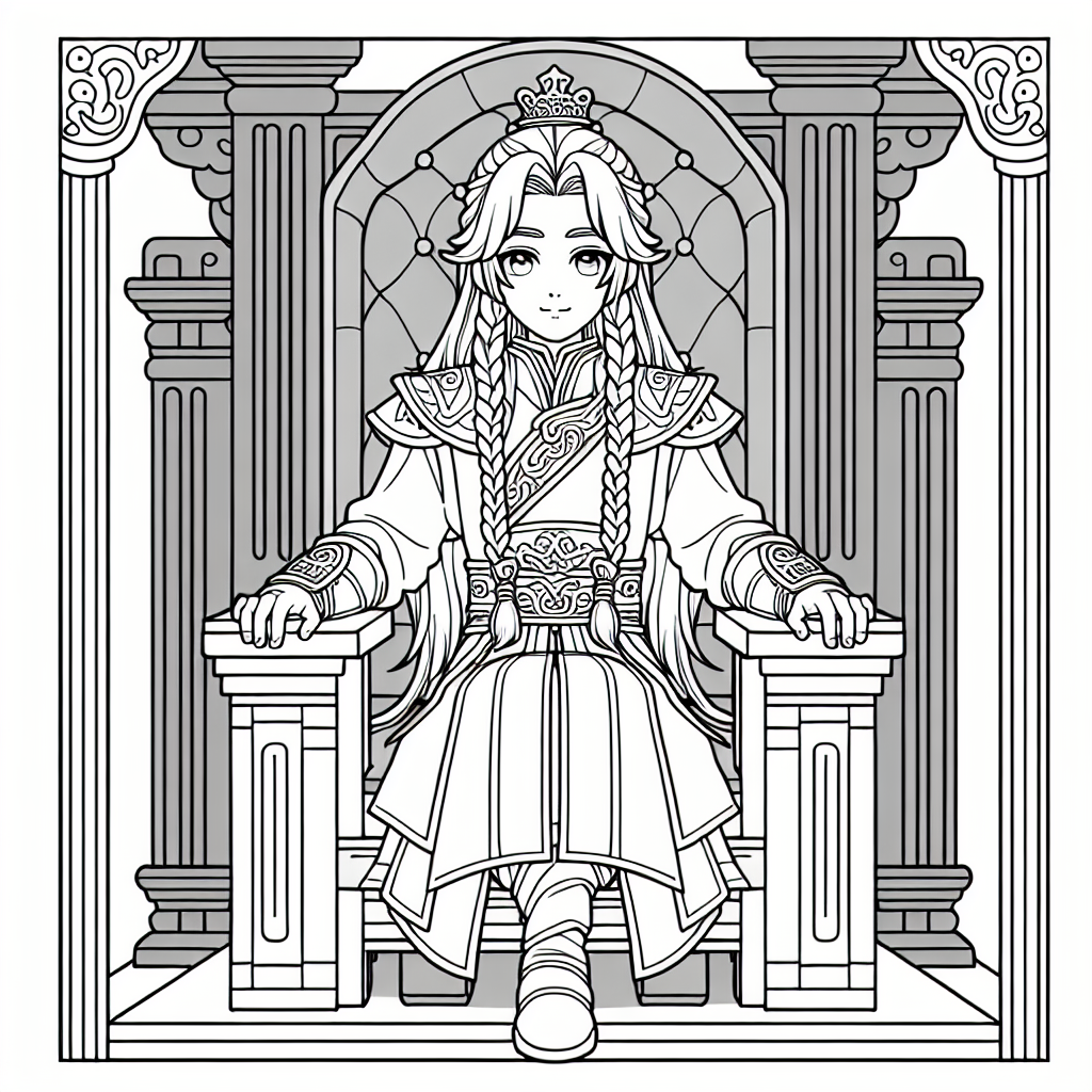Coloring page of a young queen, kind ruler sitting on a throne