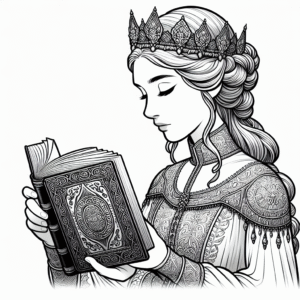 Coloring page of a young queen, noble protector reading an ancient book