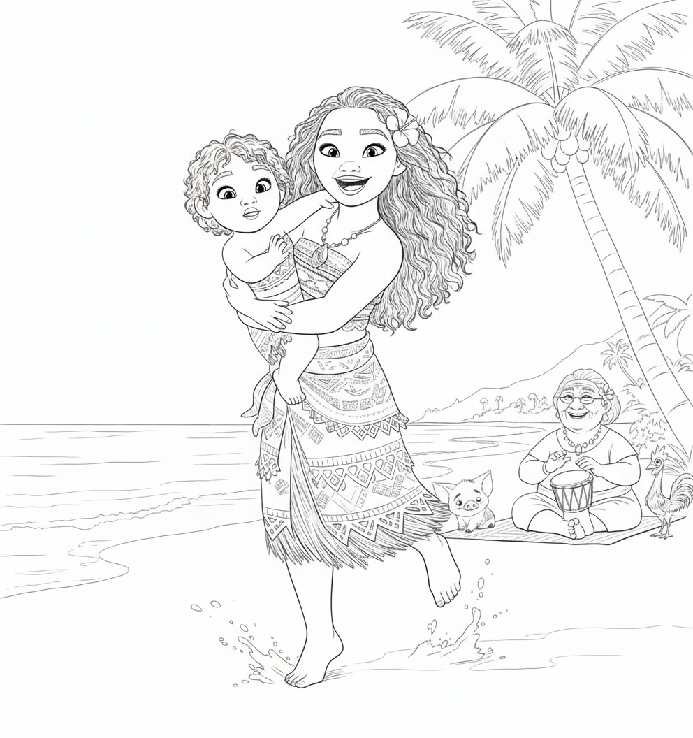 Simea and Moana on the beach in Moana_2 - colorpalette.fr