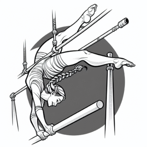 Coloring page of a acrobat performer, acrobat swinging on uneven bars