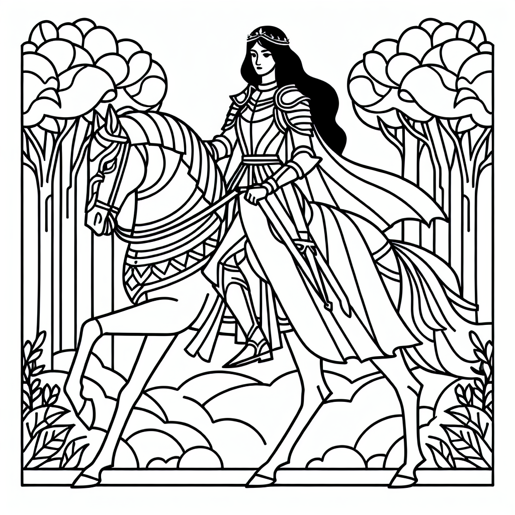Coloring page of a Andalusian female rider, fantasy warrior princess riding through a forest