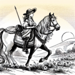 Coloring page of a Andalusian girl riding a horse, village girl on a pony riding at sunset