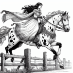 Coloring page of a Appaloosa female rider, fantasy warrior princess jumping over a fence