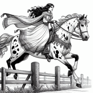 Coloring page of a Appaloosa female rider, fantasy warrior princess jumping over a fence