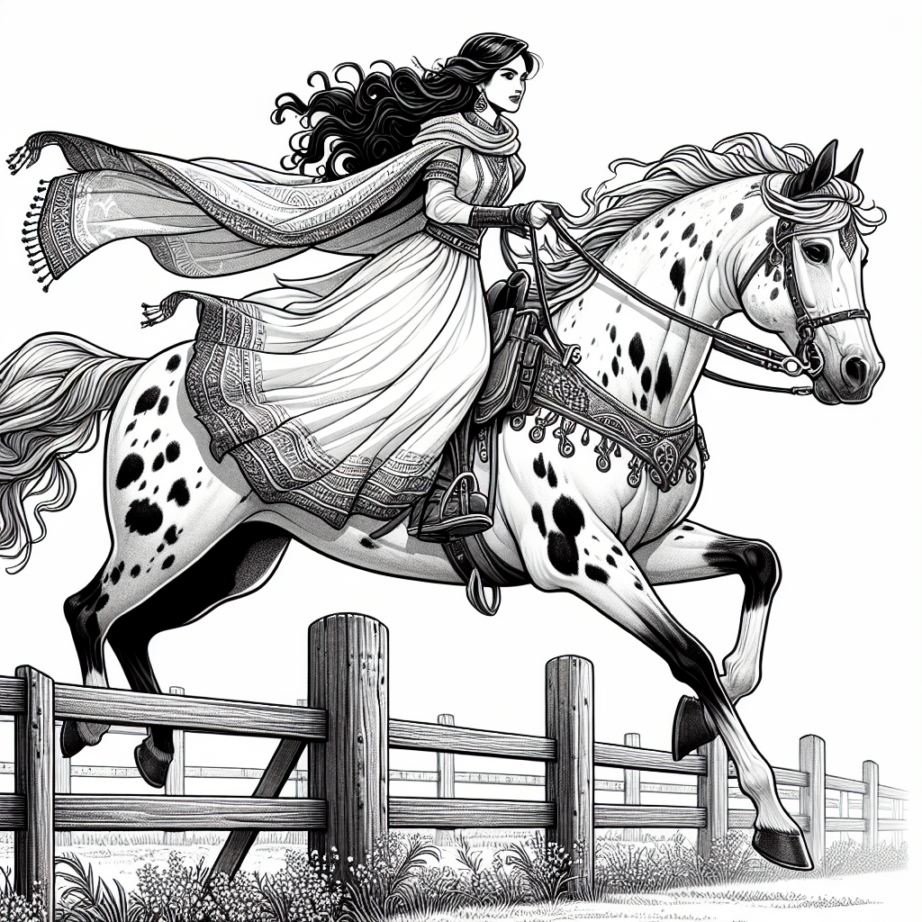 Coloring page of a Appaloosa female rider, fantasy warrior princess jumping over a fence