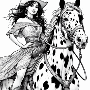 Coloring page of a Appaloosa girl riding a horse, cowgirl posing proudly with her horse
