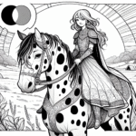 Coloring page of a Appaloosa girl riding a horse, fantasy warrior princess riding at sunset