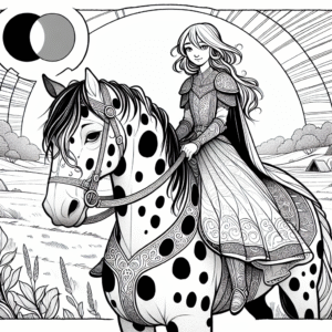 Coloring page of a Appaloosa girl riding a horse, fantasy warrior princess riding at sunset