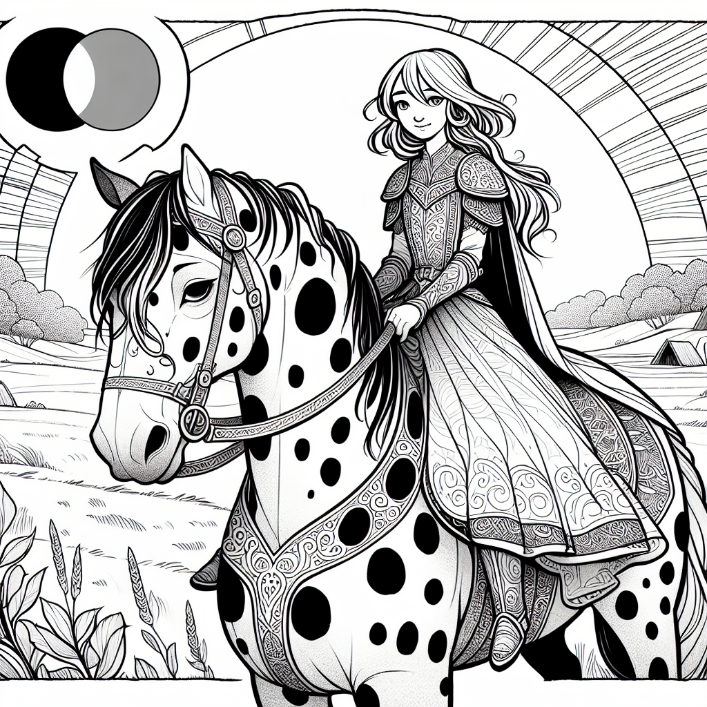 Coloring page of a Appaloosa girl riding a horse, fantasy warrior princess riding at sunset