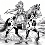 Coloring page of a Appaloosa girl riding a horse, medieval knightess crossing a river
