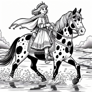 Coloring page of a Appaloosa girl riding a horse, medieval knightess crossing a river