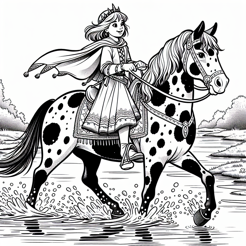 Coloring page of a Appaloosa girl riding a horse, medieval knightess crossing a river