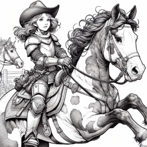 Coloring page of a Appaloosa girl riding a horse, medieval knightess jumping over a fence
