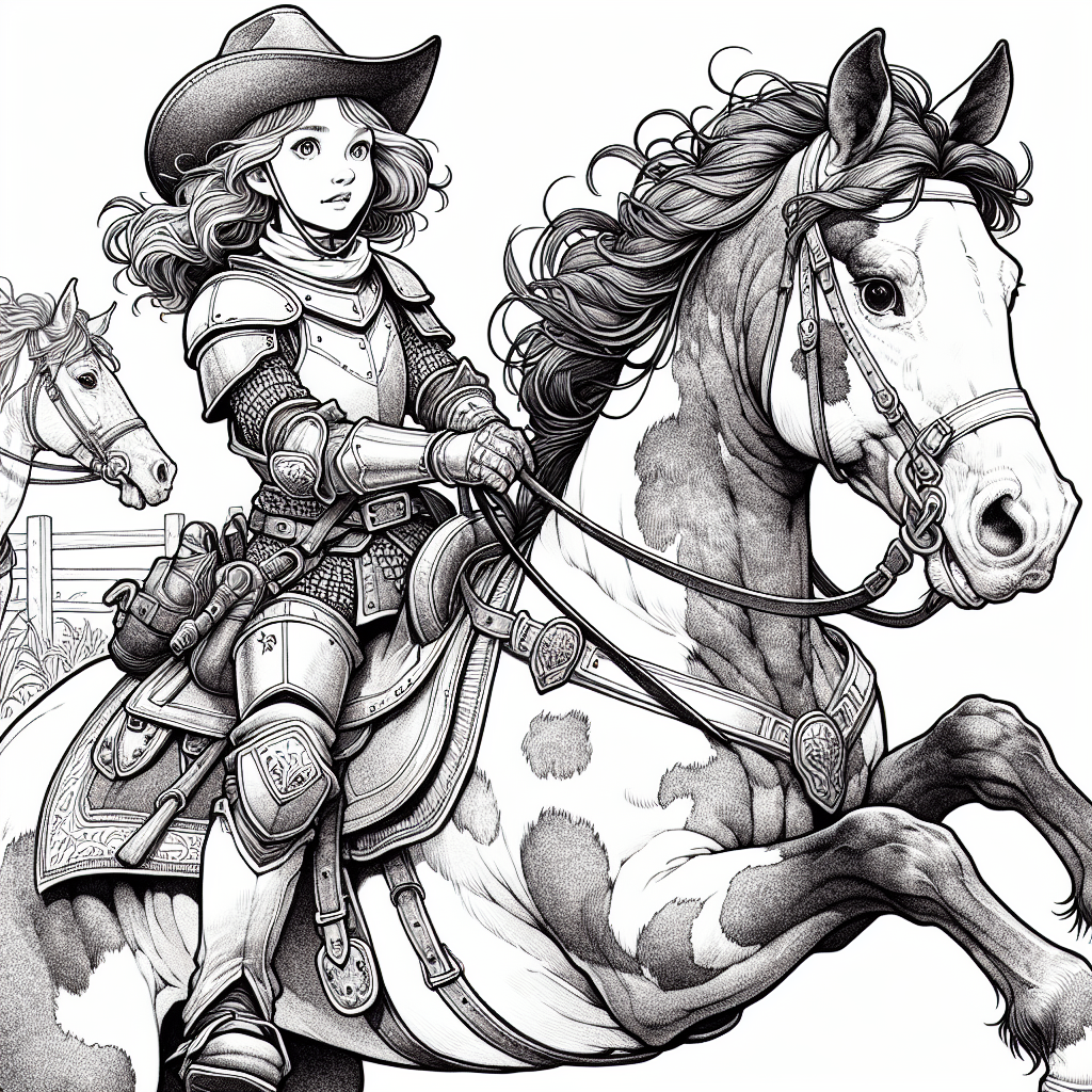 Coloring page of a Appaloosa girl riding a horse, medieval knightess jumping over a fence