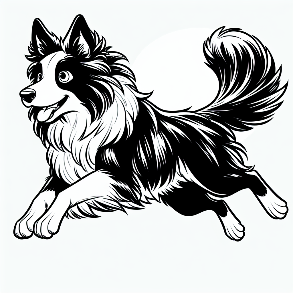 Coloring page of a Border Collie dog, brave protector jumping in excitement