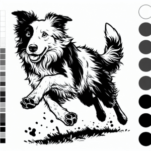 Coloring page of a Border Collie dog, curious explorer jumping in excitement