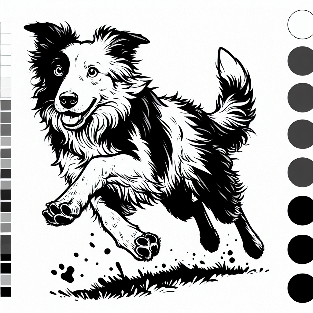 Coloring page of a Border Collie dog, curious explorer jumping in excitement
