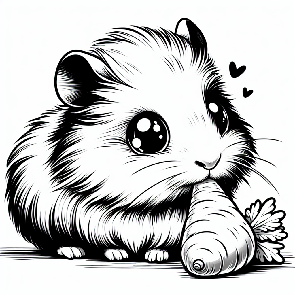 Coloring page of a cavy, fluffy friend sniffing a carrot