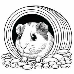 Coloring page of a cavy, playful pet peeking from a tunnel