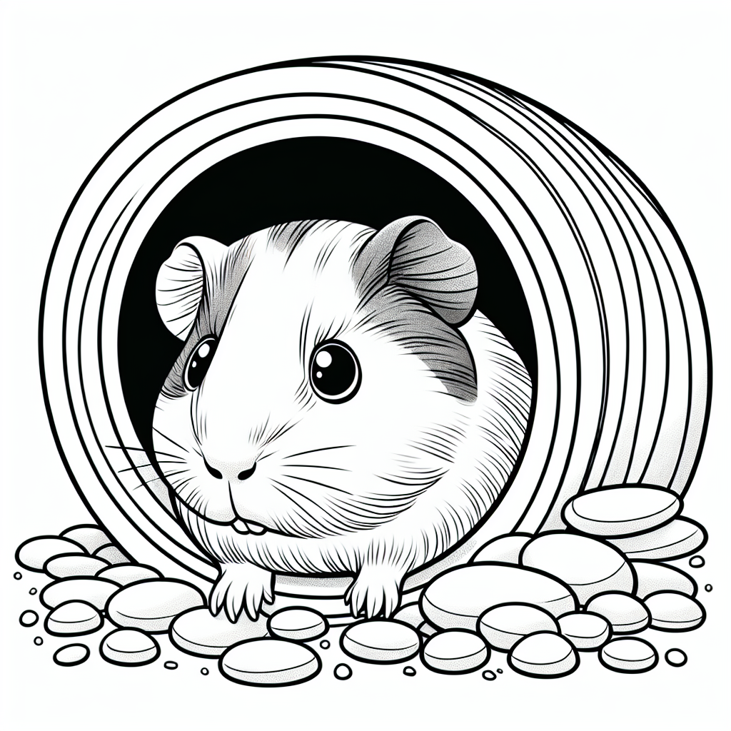 Coloring page of a cavy, playful pet peeking from a tunnel