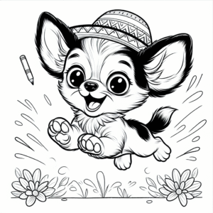 Coloring page of a Chihuahua dog, energetic pup jumping in excitement