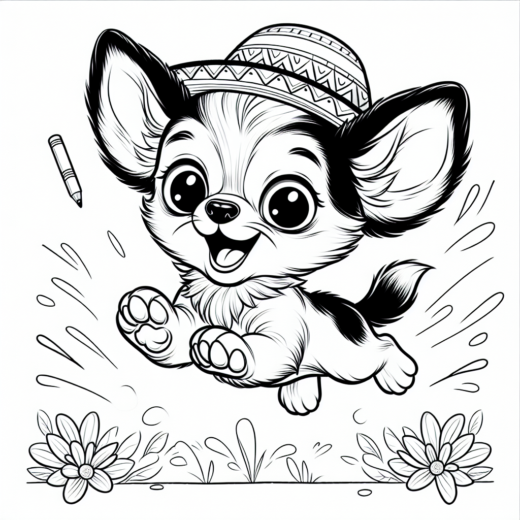 Coloring page of a Chihuahua dog, energetic pup jumping in excitement