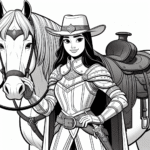 Coloring page of a Clydesdale female rider, medieval knightess posing proudly with her horse