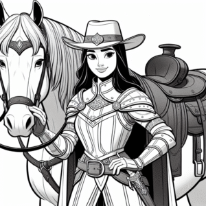 Coloring page of a Clydesdale female rider, medieval knightess posing proudly with her horse