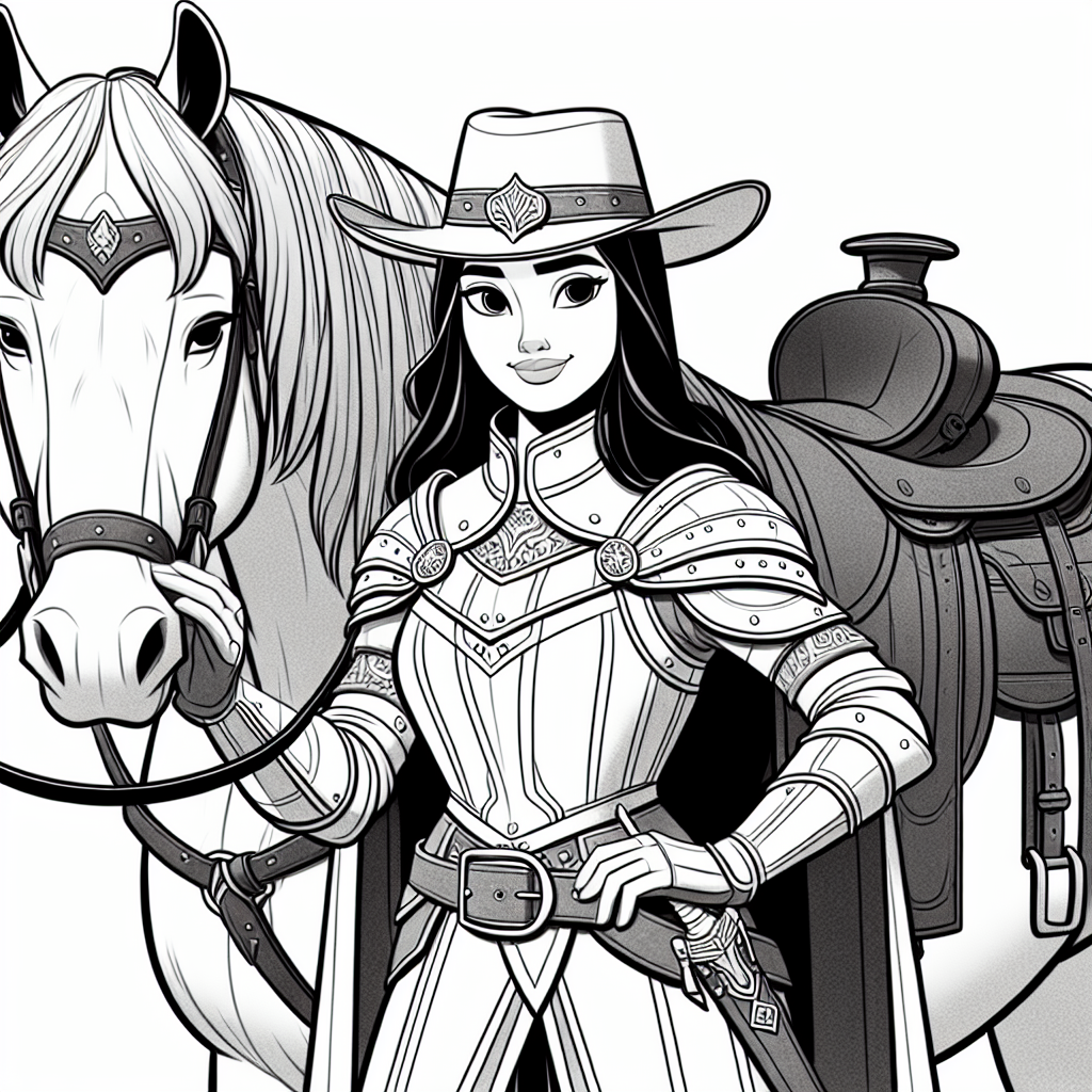 Coloring page of a Clydesdale female rider, medieval knightess posing proudly with her horse